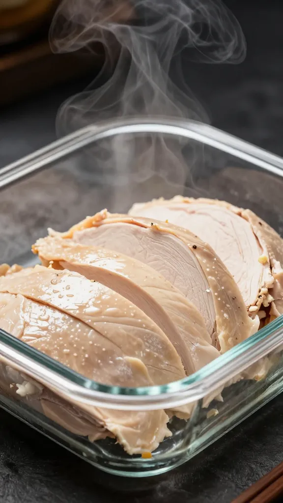 sliced cooked chicken in shallow glass dish, steam rising