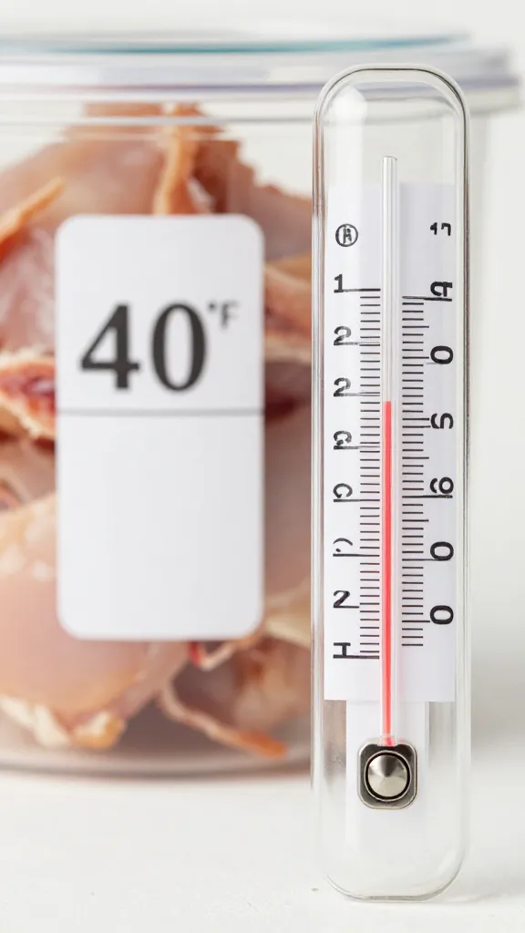 thermometer reading 40°F beside labeled chicken container