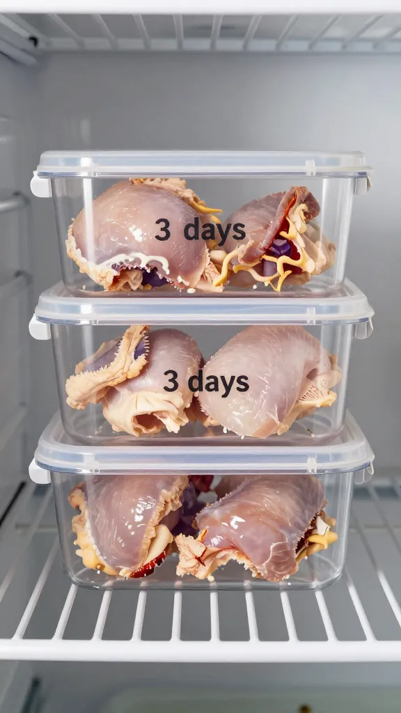 airtight container of chicken labeled “3 days,” stainless fridge shelf