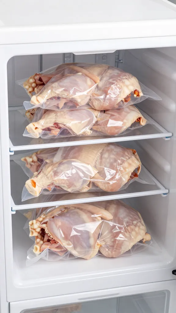 vacuum-sealed chicken portions, frost-free, in home freezer drawer