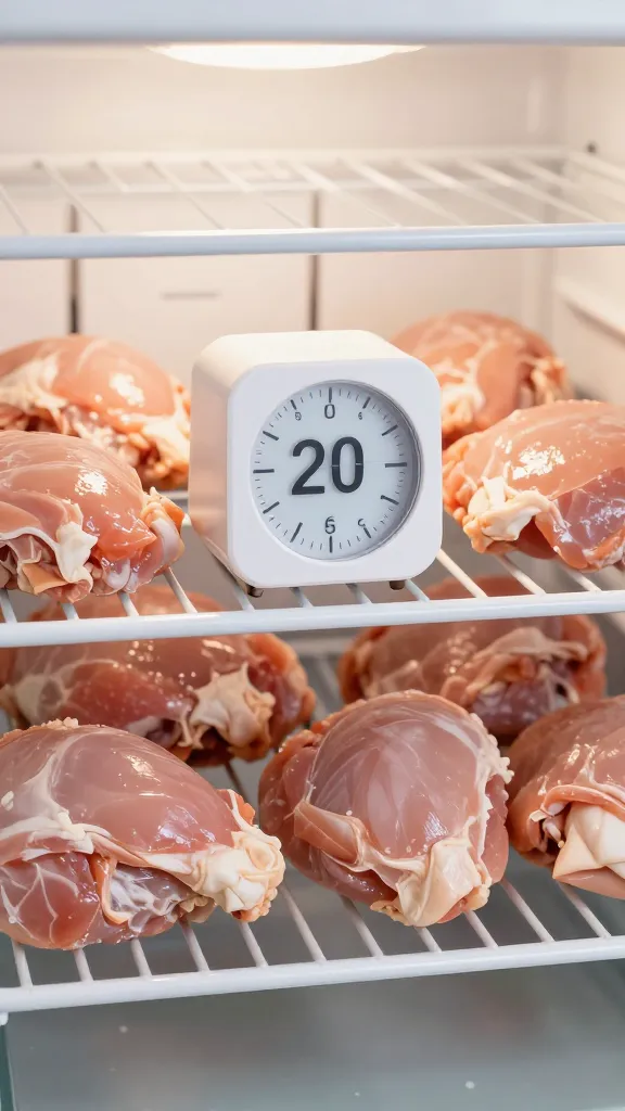 chicken pieces cooling uncovered in fridge, timer set 20 minutes