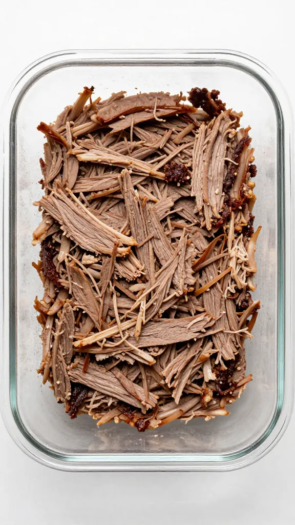 shredded roast beef in shallow glass container, overhead lighting