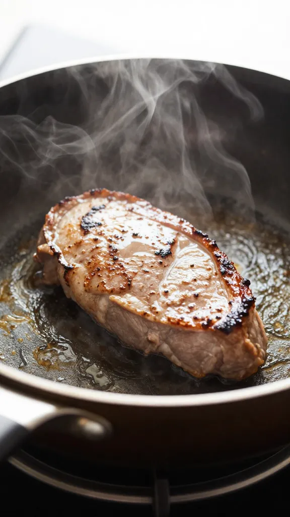 reheating single meat portion in skillet, steam rising