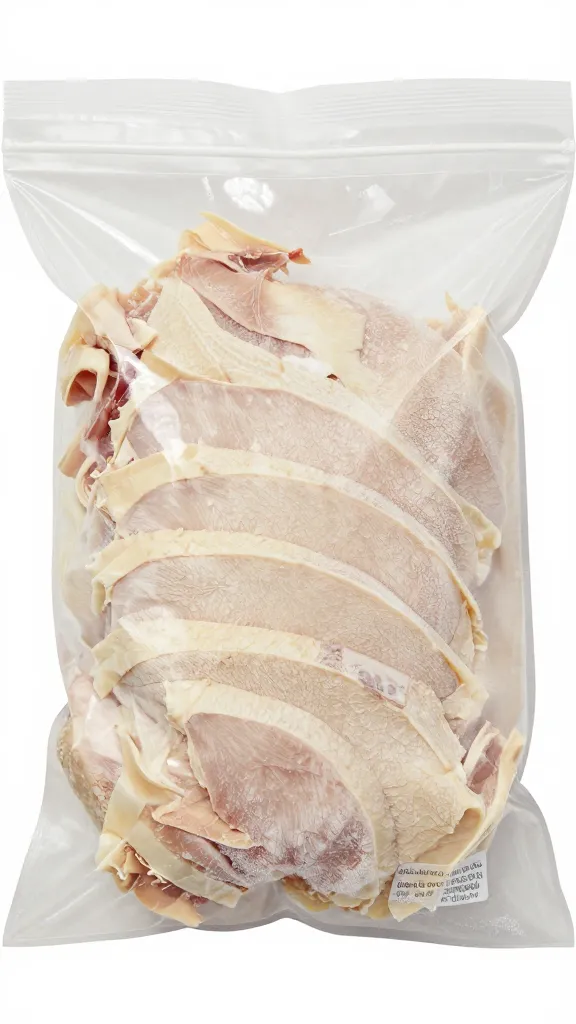 freezer bag of sliced chicken, dated label, frosty surface