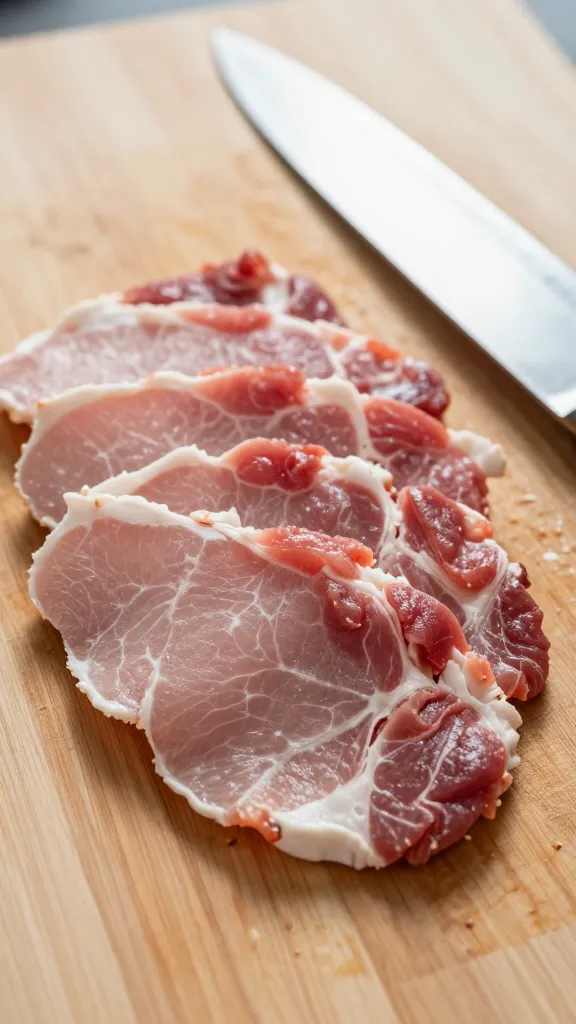 thinly sliced pork on cutting board, chef knife nearby