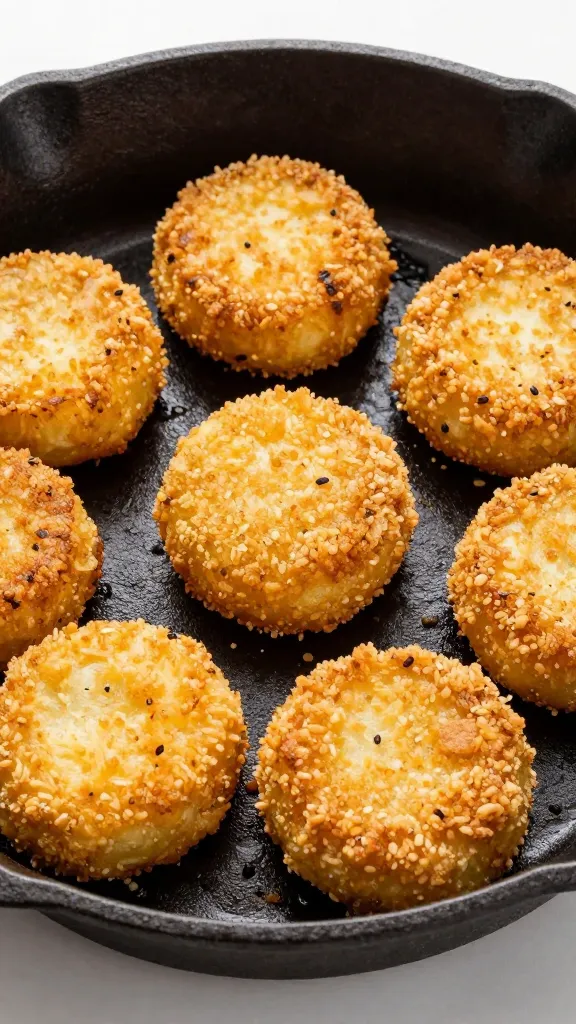 Golden potato cakes on cast-iron skillet, panko crust
