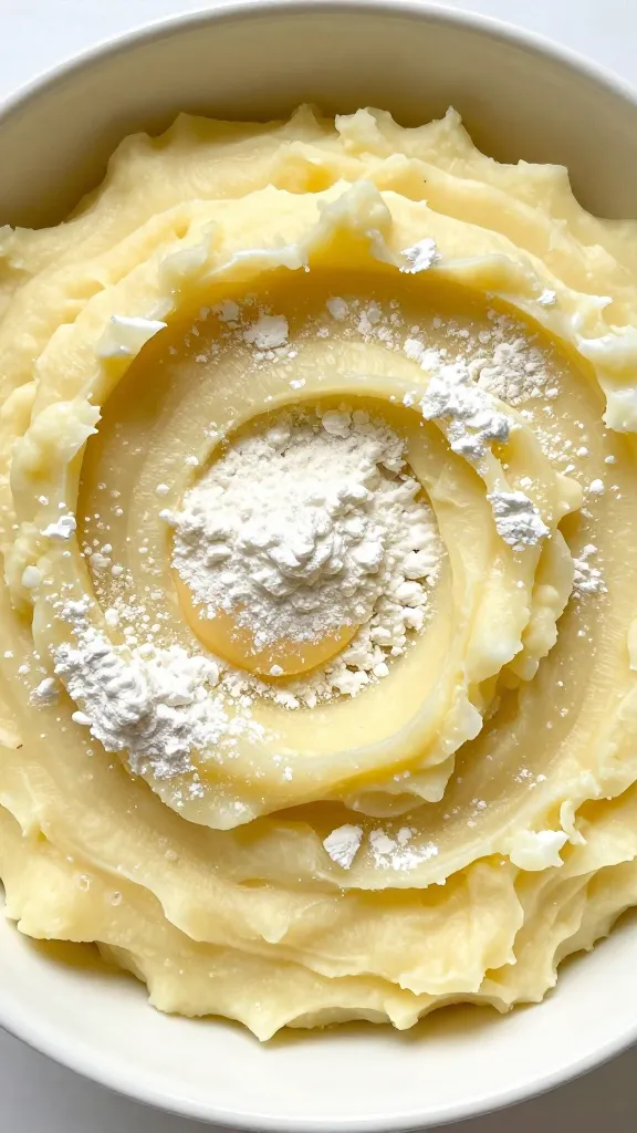 Bowl of cold mashed potatoes with egg and flour