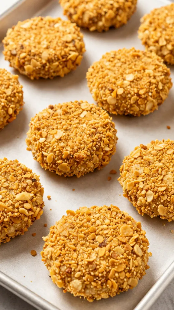 Uncooked patties dredged in crushed cornflakes on tray