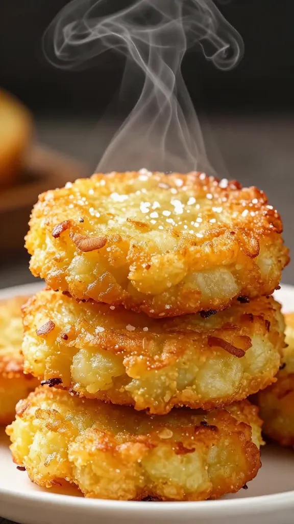 Crispy potato cakes stacked, steam rising, flaky salt