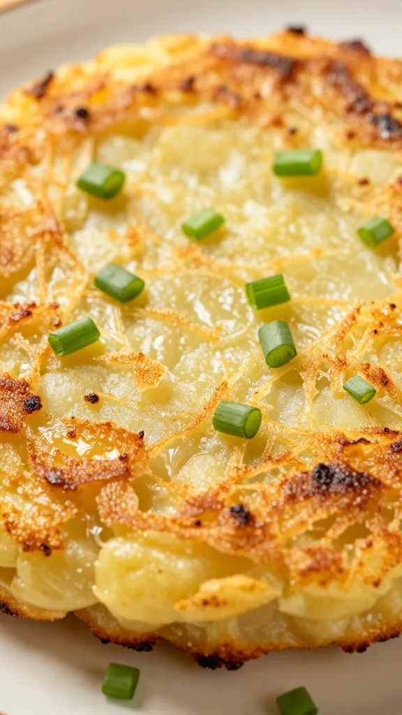 Close-up: shatter-crisp crust on potato cake, scallions