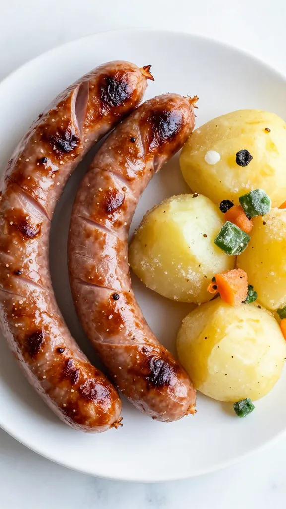 Smoked sausage with frozen veggie medley and potatoes, plated