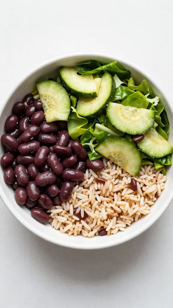 Canned black bean rice bowl with bagged salad, top-down