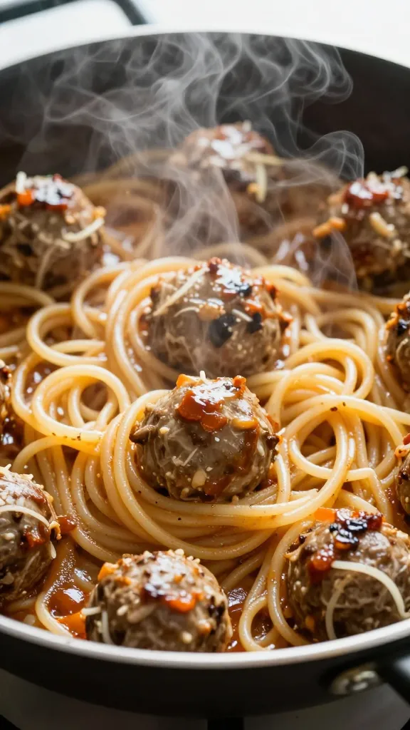 Reheated spaghetti and meatballs in skillet, steam rising