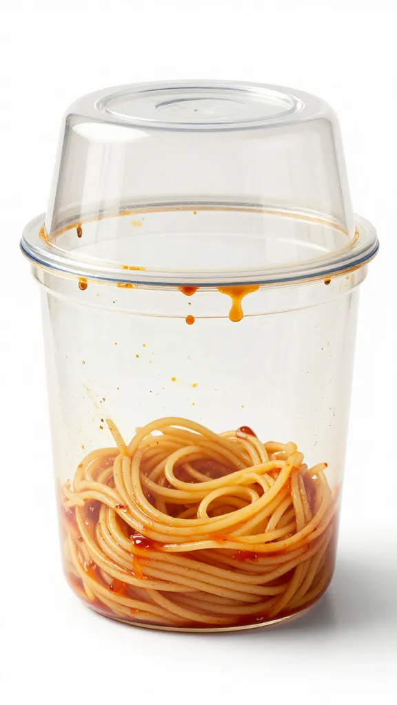 Leftover pasta container opened, noodles and sauce separate