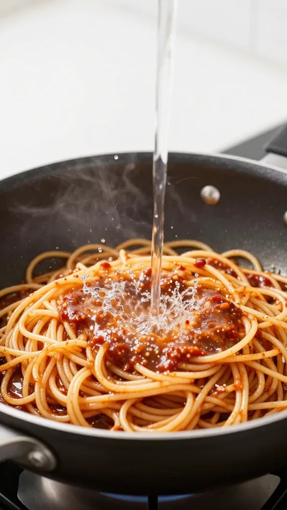 Splash of pasta water reviving sauced spaghetti in pan