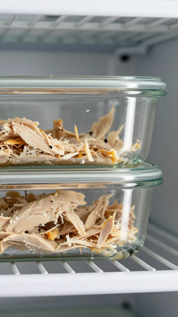 leftover shredded chicken in glass container, fridge shelf close-up
