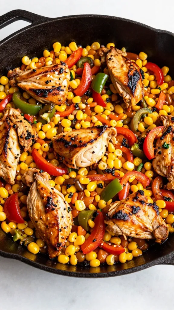 Tex-Mex chicken skillet with peppers and corn, cast-iron top-down