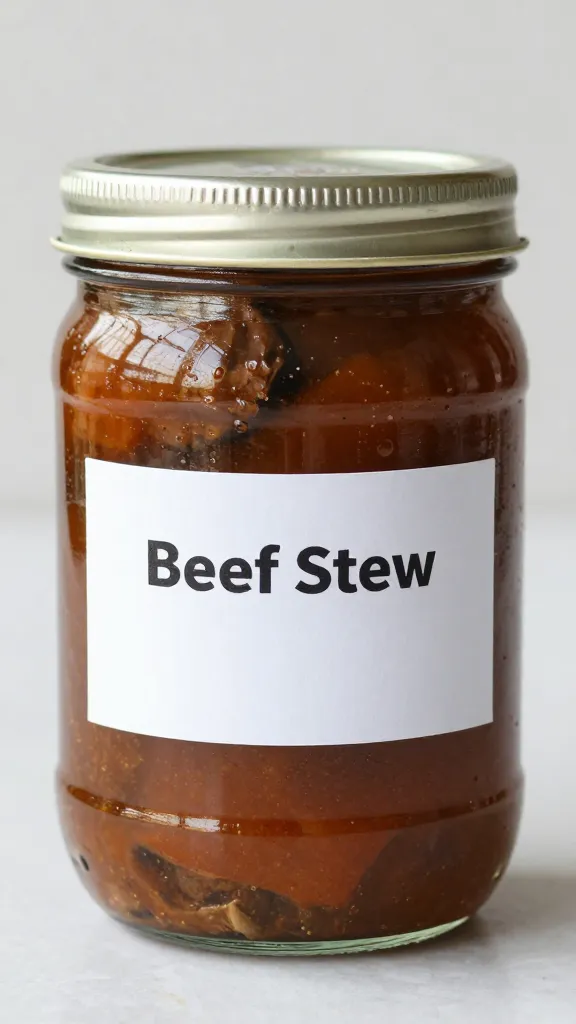 reheated beef stew in glass jar, labeled for lunch