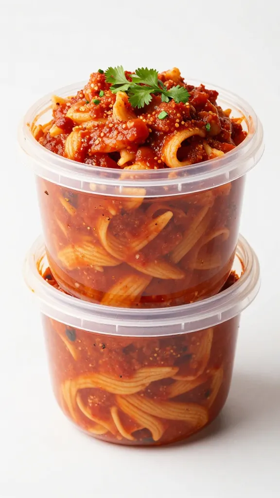 pasta bolognese sauce in airtight tubs, next-day garnish