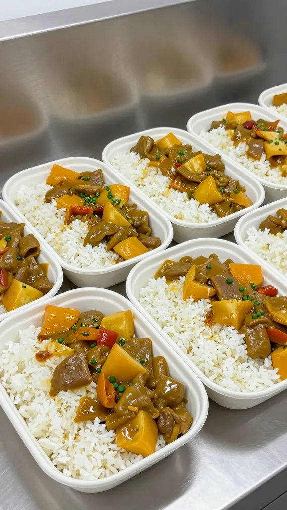 curry with rice divided into portions, stainless counter