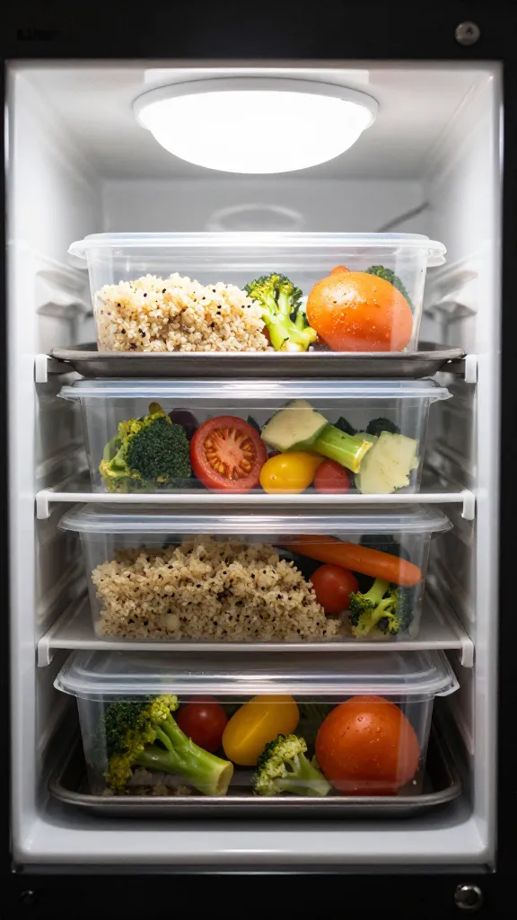 sheet pan roasted veggies boxed with quinoa, fridge light