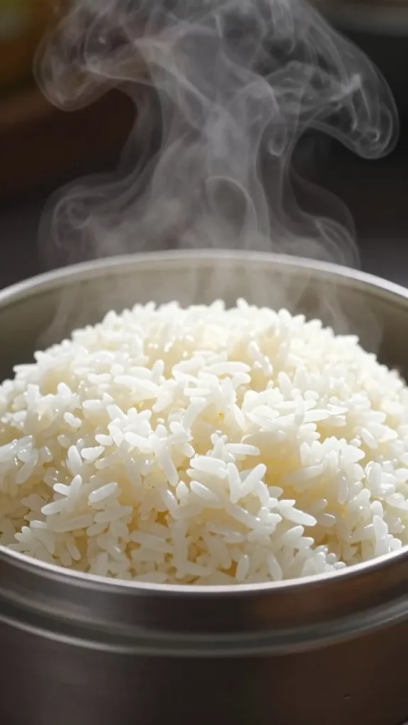 Fluffy reheated rice in steamer basket, steam rising