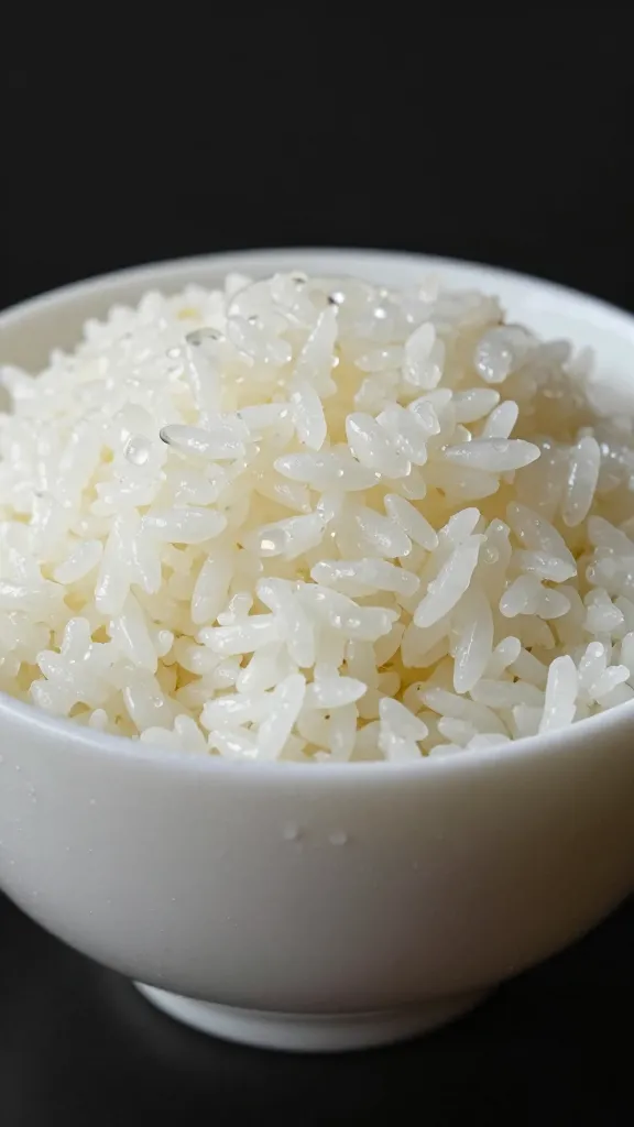 Microwave-safe bowl of rice with water droplets, covered