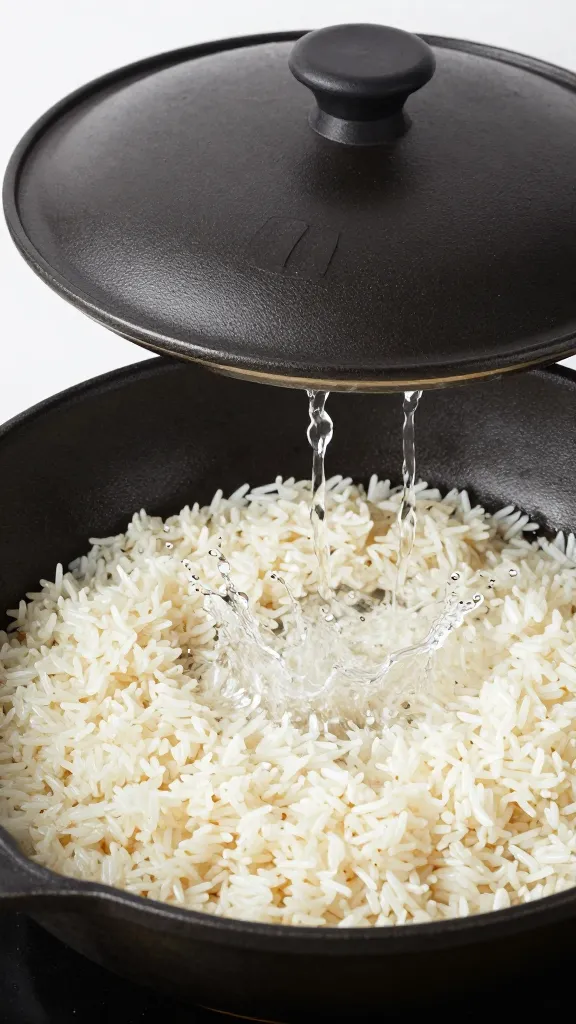 Skillet with rice, splash of water, lid on