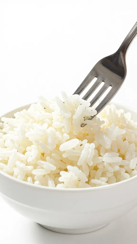 Fork fluffing revived rice in white ceramic bowl