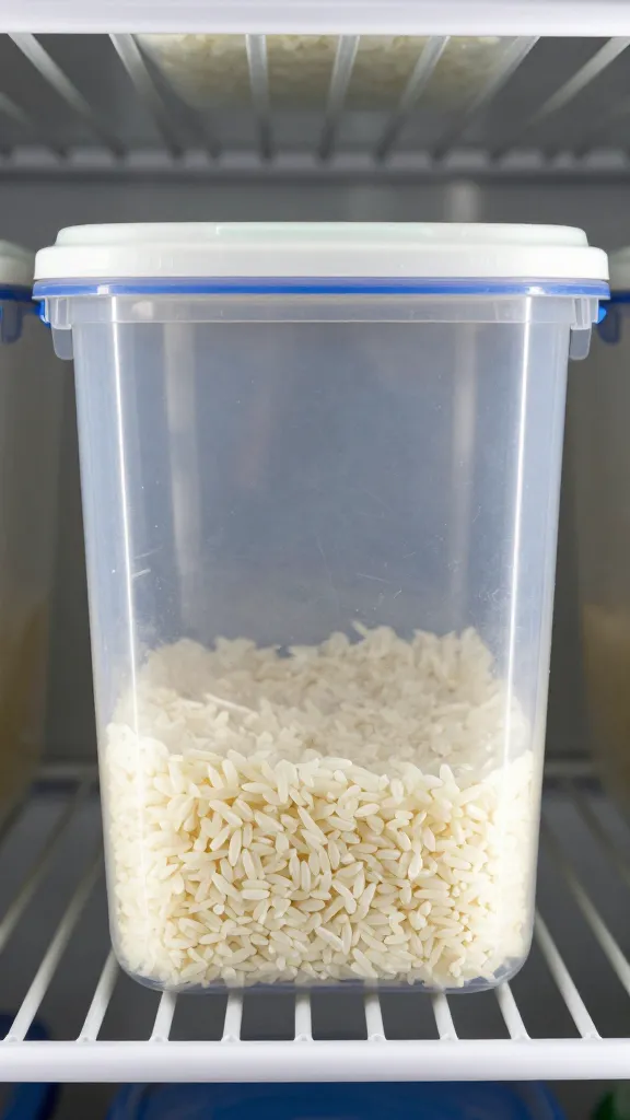 Leftover rice in clear container, labeled, chilled fridge shelf