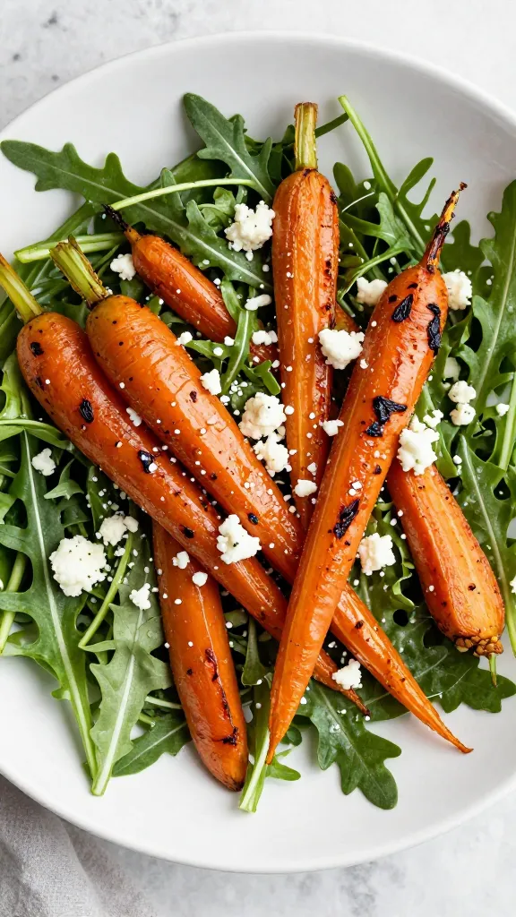 arugula salad with roasted carrots and feta, overhead