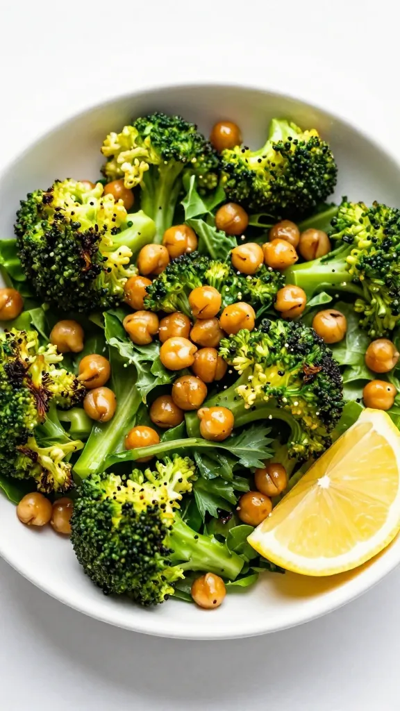 mixed greens with roasted broccoli, crispy chickpeas, lemon wedge