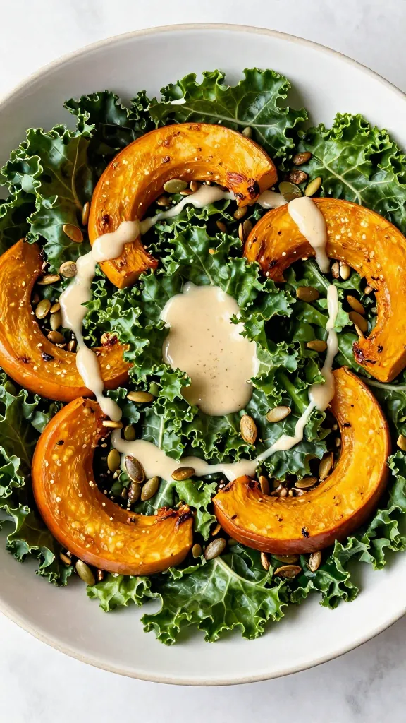kale salad with roasted squash, toasted pumpkin seeds, sherry vinaigrette