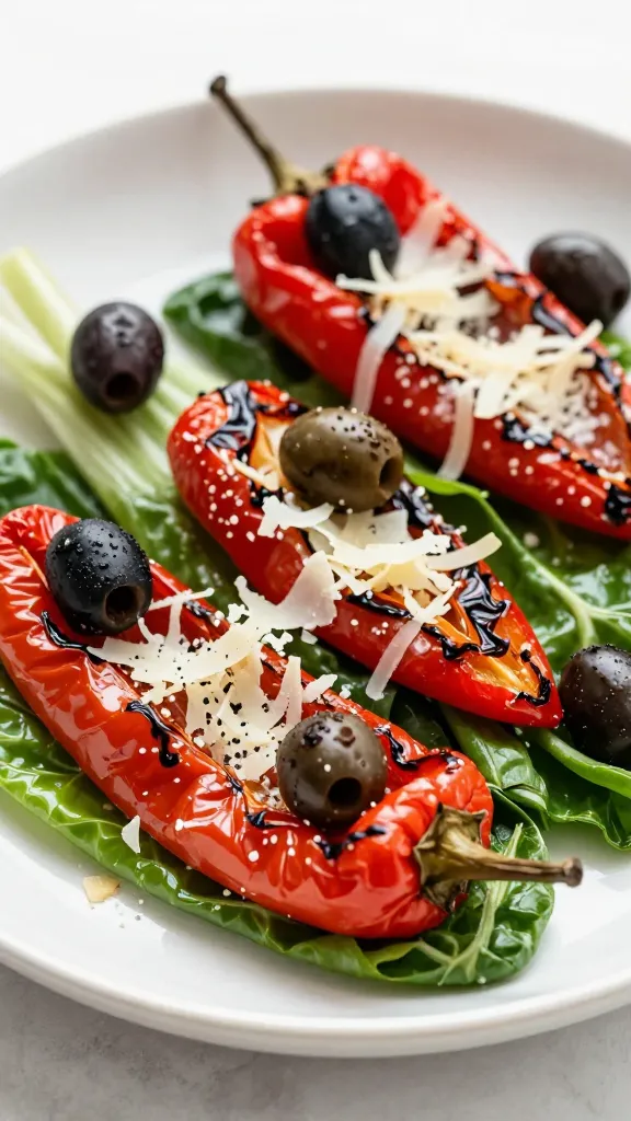 roasted peppers on greens with olives and parmesan shavings