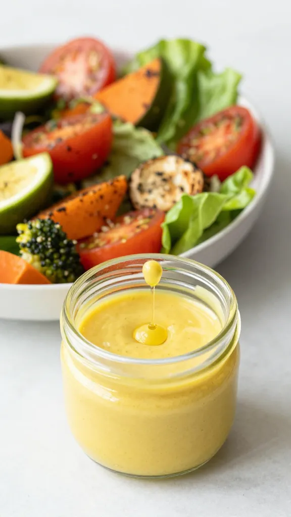 small jar lemon olive oil dressing beside roasted veg salad