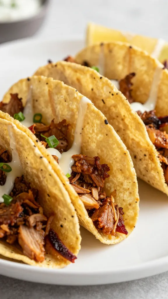 Crispy carnitas-style pulled pork tacos on warm corn tortillas