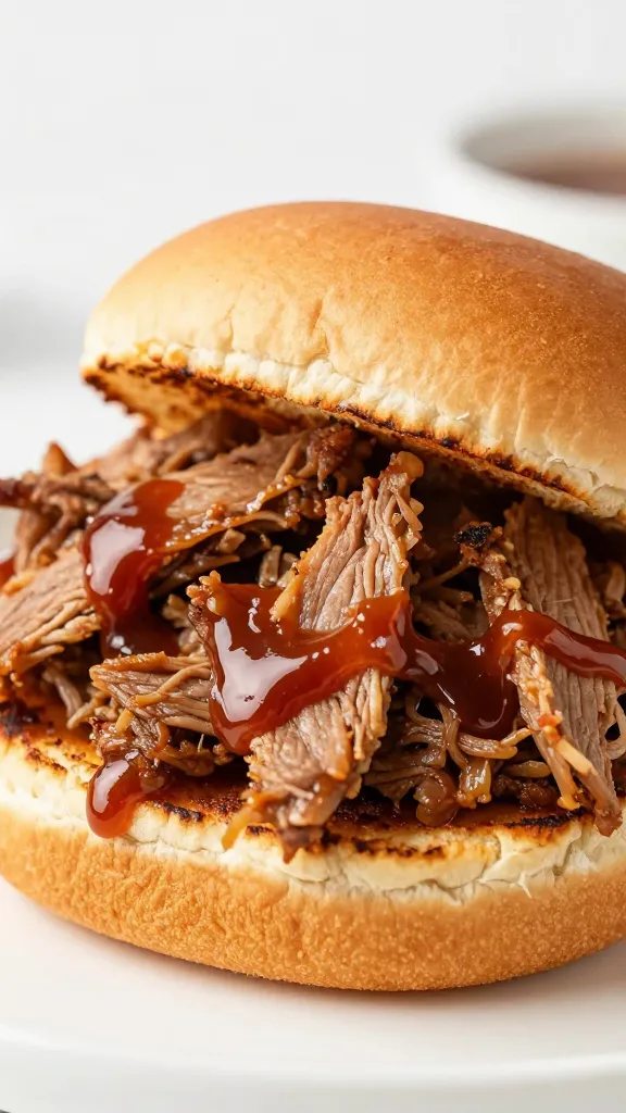 Reheated pulled pork piled on toasted brioche buns, BBQ sauce