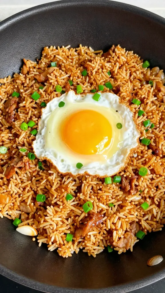 Pulled pork fried rice in skillet with scallions and egg