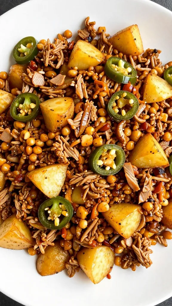 Leftover pulled pork breakfast hash with potatoes and jalapeños