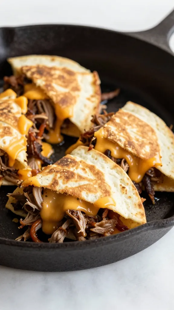Pulled pork quesadillas with melted cheddar, cast-iron pan