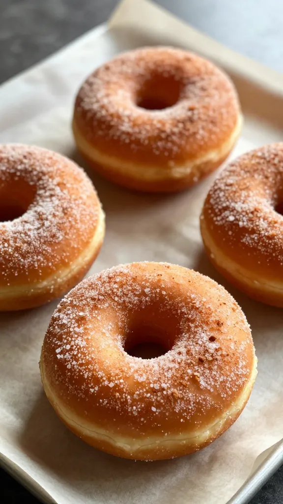 cinnamon sugar donuts on parchment, warm morning light