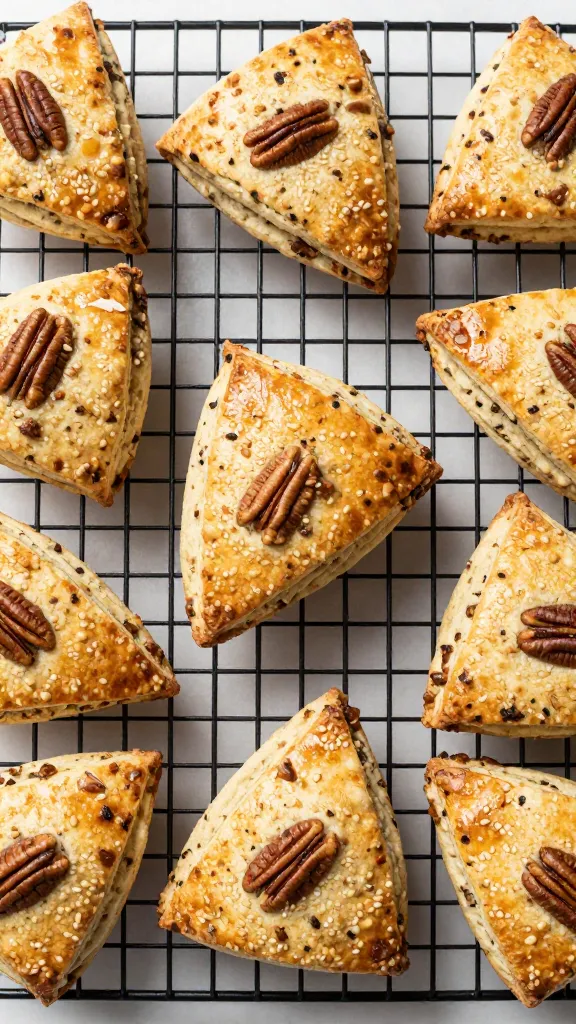 maple pecan scones on cooling rack, overhead shot