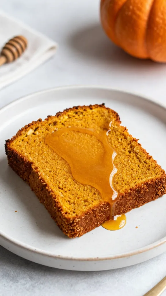 pumpkin bread slice with honey drizzle, rustic plate