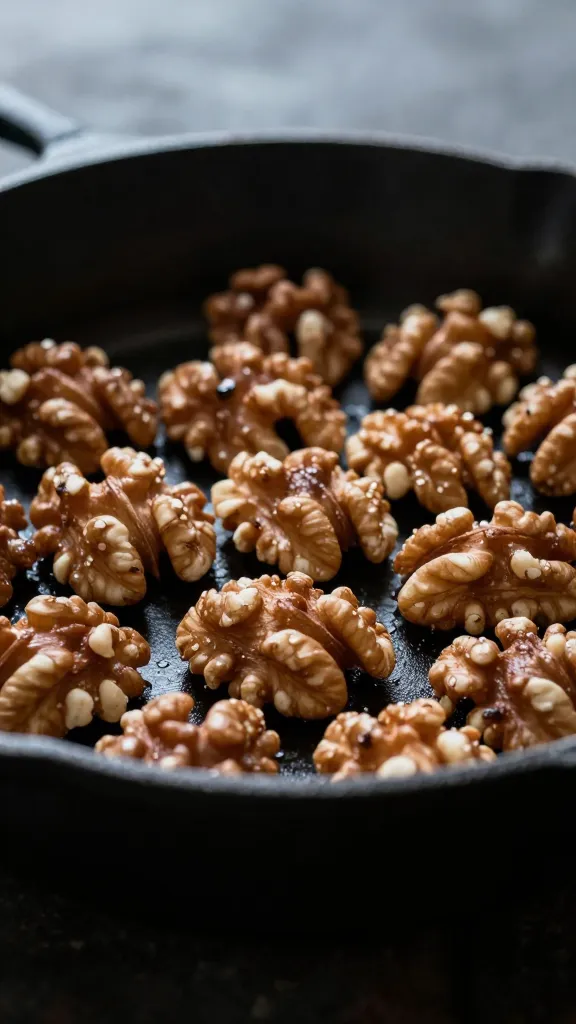 toasted walnuts in cast-iron skillet, moody backlight