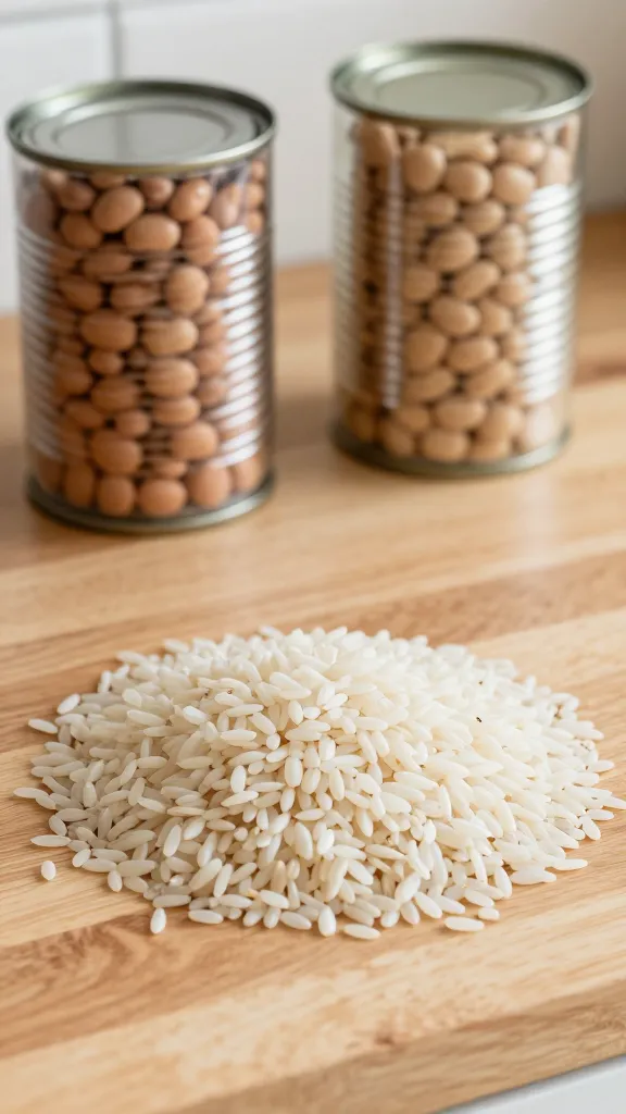 Bulk rice and canned beans on wooden kitchen counter