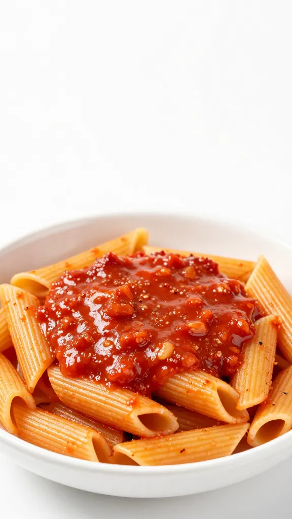 Store-brand pasta with red sauce in white bowl