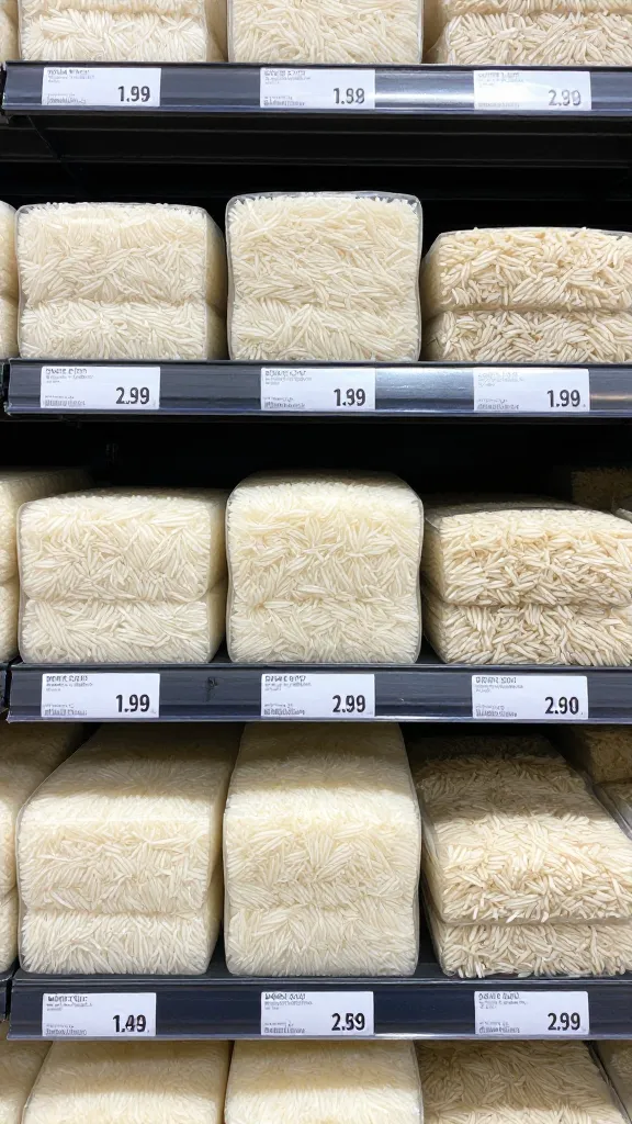 Unit price shelf labels on grocery rice aisle