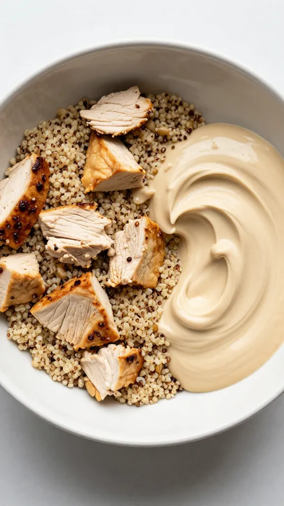 Leftover mix-and-match bowl with quinoa, chicken, and tahini
