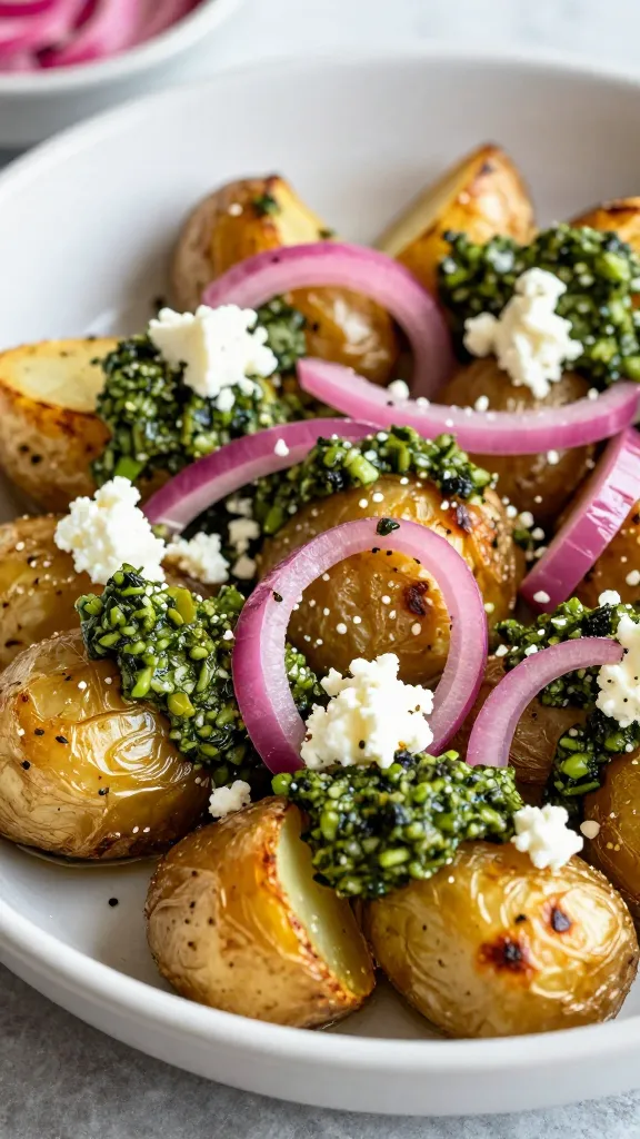 Roasted potatoes topped with pesto, pickled onions, and feta