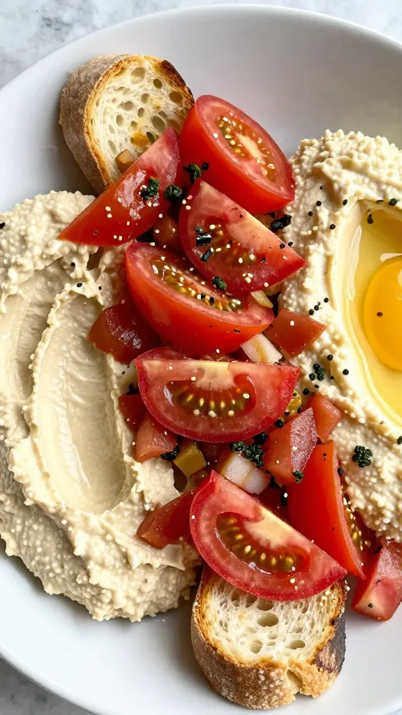 Panzanella-style torn bread salad with tomatoes and hummus